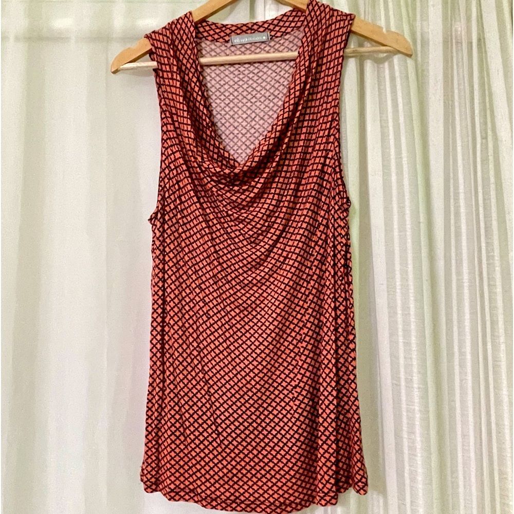 Olivia Moon Sleeveless Drape Neck Top Size Large Melon Orange Navy Blue Stretch